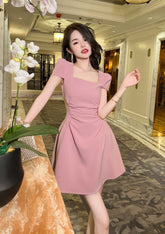 Square Neck Pleated Mini Skater Dress